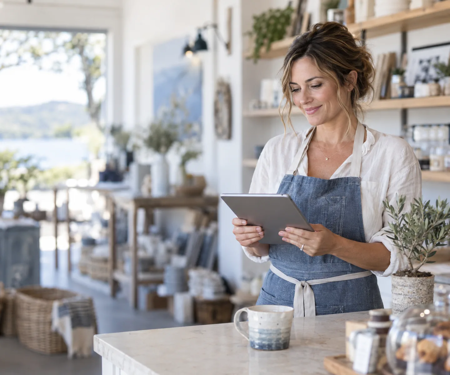 A local shop owner checking results on a tablet at her counter